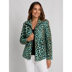 Exclusively Misook Womens Small Turquoise Leopard Print Zip Up Jacket Mob Wife